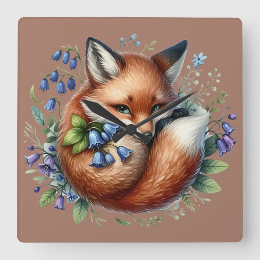 Floral Fox Botanical Woodland Art Vierkante Klok (Voorkant)