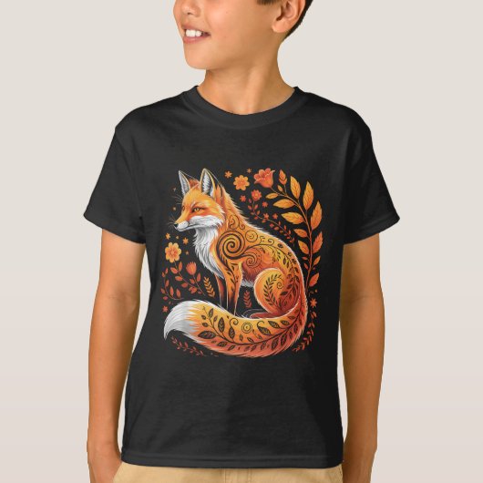 Floral Fox Flowers Art Fox In Autumn - Fall Fox T-shirt (Voorkant)