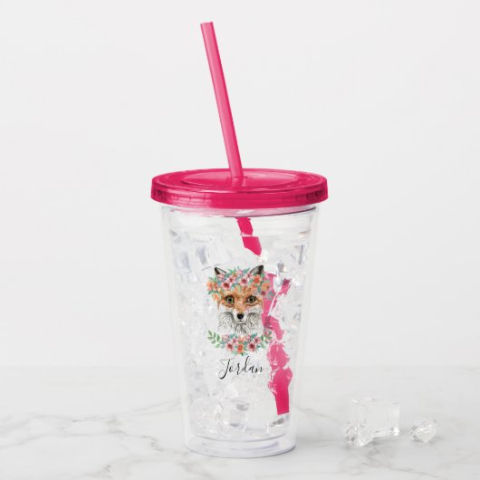 Floral Fox | Jouw namen toevoegen Acryl Drinkbeker (Voorkant ijs)