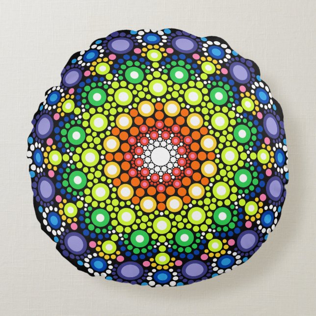 Floral Fractal Art gedateerd Retro Mandala Rond Kussen (Voorkant)
