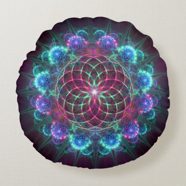 Floral fractal blue ornament rond kussen (Voorkant)