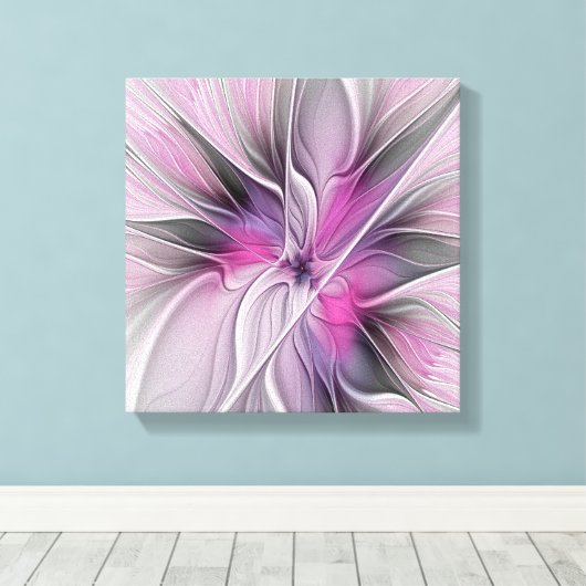 Floral Fractal Modern Abstract Bloemroze grijs Canvas Afdruk (Insitu (Houten vloer))