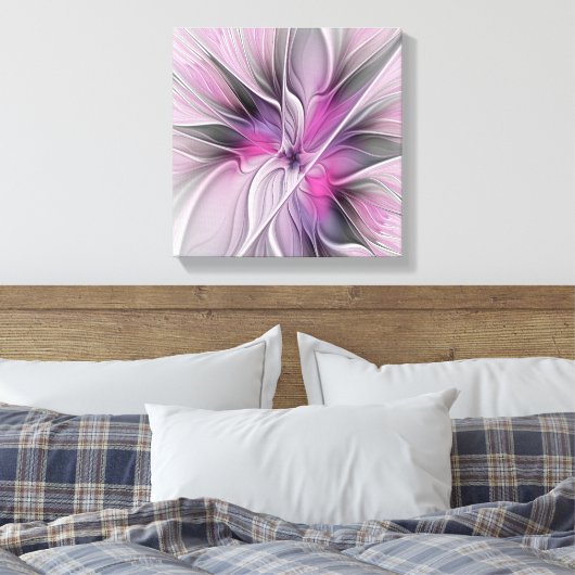 Floral Fractal Modern Abstract Bloemroze grijs Canvas Afdruk (Insitu (Slaapkamer))
