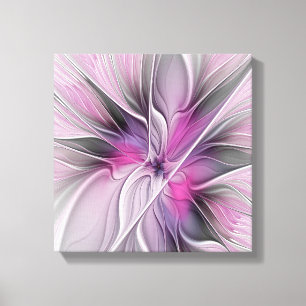 Floral Fractal Modern Abstract Bloemroze grijs Canvas Afdruk
