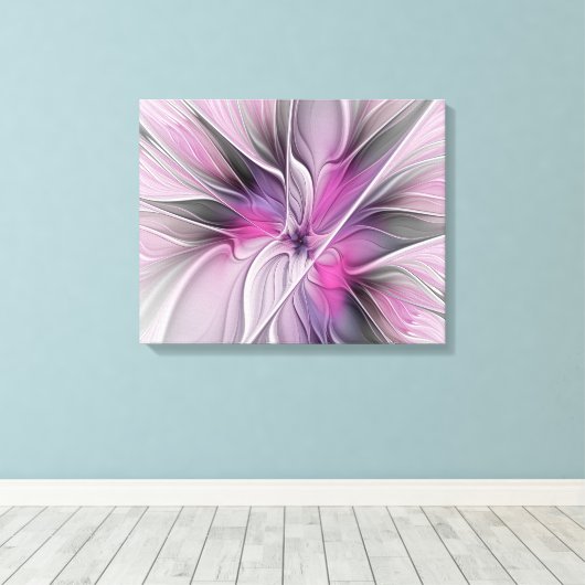 Floral Fractal Modern Abstract Bloemroze grijs Canvas Afdruk (Insitu (Houten vloer))