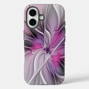 Floral Fractal Modern Abstract Bloemroze grijs iPhone 16 Hoesje