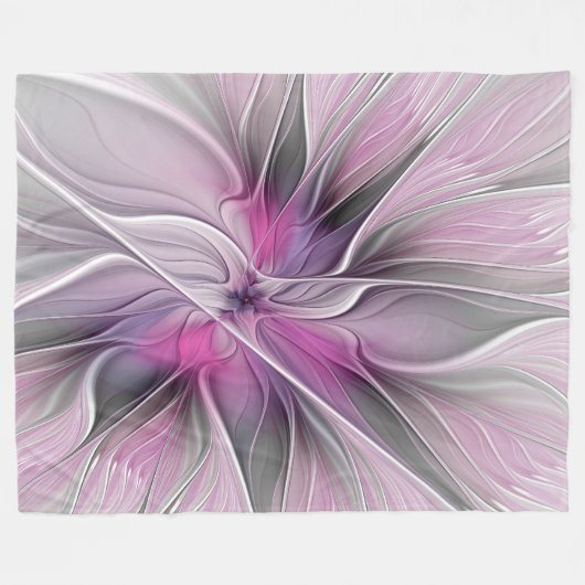 Floral Fractal Modern Abstract Bloemroze grijs Fleece Deken (Voorkant (Horizontaal))