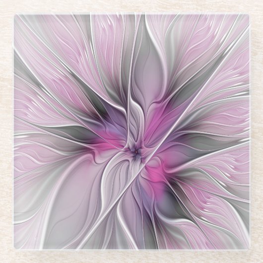 Floral Fractal Modern Abstract Bloemroze grijs Glazen Onderzetter (Voorkant)