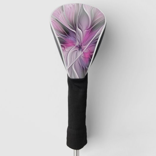 Floral Fractal Modern Abstract Bloemroze grijs Golfheadcover (Voorkant)