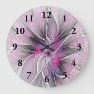 Floral Fractal Modern Abstract Bloemroze grijs Grote Klok