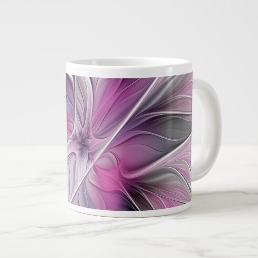 Floral Fractal Modern Abstract Bloemroze grijs Grote Koffiekop (Voorkant rechts)