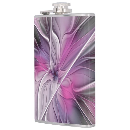 Floral Fractal Modern Abstract Bloemroze grijs Heupfles (Links)