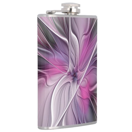 Floral Fractal Modern Abstract Bloemroze grijs Heupfles (Rechts)