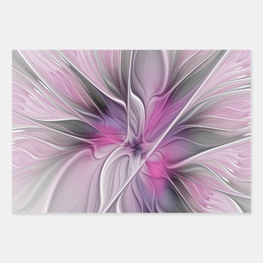 Floral Fractal Modern Abstract Bloemroze grijs Inpakpapier Vel (Voorkant)