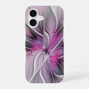 Floral Fractal Modern Abstract Bloemroze grijs iPhone 16 Hoesje