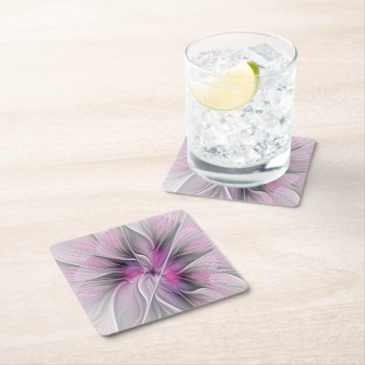 Floral Fractal Modern Abstract Bloemroze grijs Kartonnen Onderzetters (Insitu)