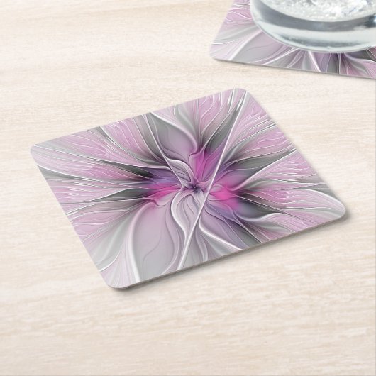 Floral Fractal Modern Abstract Bloemroze grijs Kartonnen Onderzetters (Schuin)