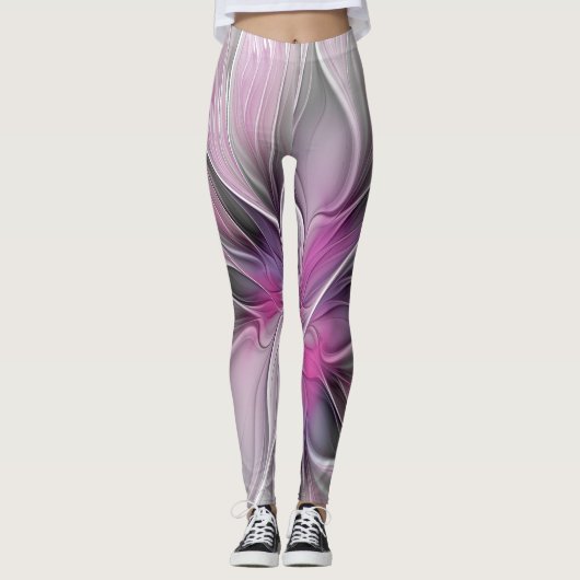 Floral Fractal Modern Abstract Bloemroze grijs Leggings (Voorkant)