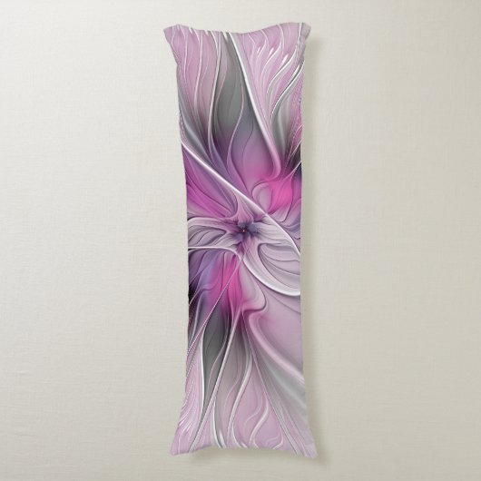 Floral Fractal Modern Abstract Bloemroze grijs Lichaamskussen (Voorkant Verticaal)