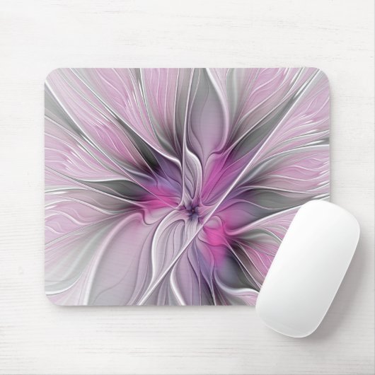 Floral Fractal Modern Abstract Bloemroze grijs Muismat (Met muis)