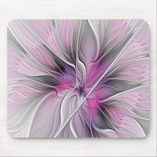 Floral Fractal Modern Abstract Bloemroze grijs Muismat