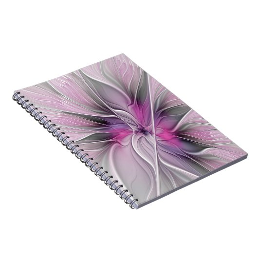 Floral Fractal Modern Abstract Bloemroze grijs Notitieboek (Rechterzijde)