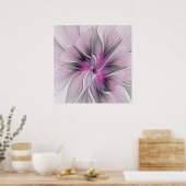 Floral Fractal Modern Abstract Bloemroze grijs Poster (Keuken)
