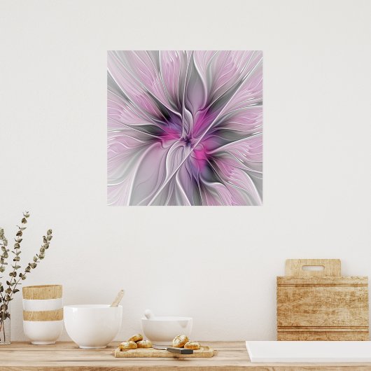 Floral Fractal Modern Abstract Bloemroze grijs Poster (Keuken)