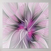 Floral Fractal Modern Abstract Bloemroze grijs Poster (Voorkant)