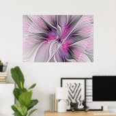 Floral Fractal Modern Abstract Bloemroze grijs Poster (Thuiskantoor)