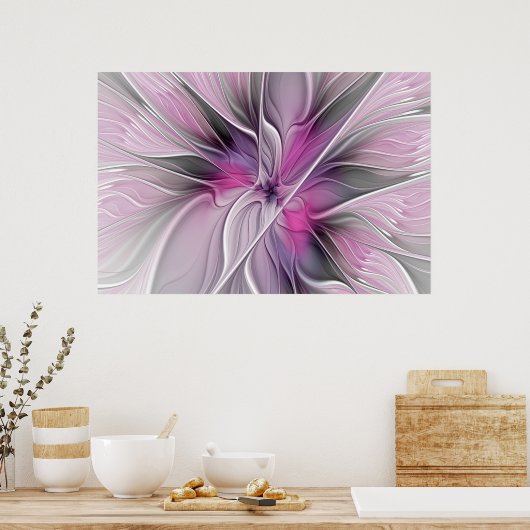 Floral Fractal Modern Abstract Bloemroze grijs Poster (Keuken)