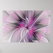 Floral Fractal Modern Abstract Bloemroze grijs Poster (Voorkant)