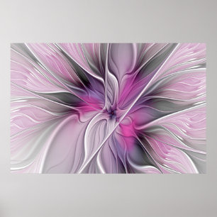 Floral Fractal Modern Abstract Bloemroze grijs Poster
