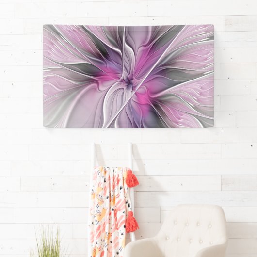 Floral Fractal Modern Abstract Bloemroze grijs Spandoek (Insitu)
