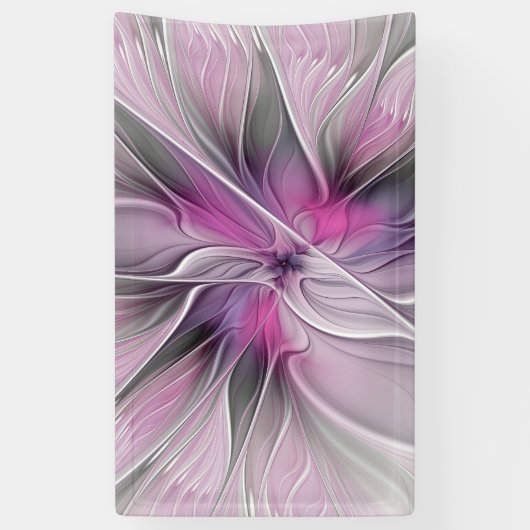 Floral Fractal Modern Abstract Bloemroze grijs Spandoek (Verticaal)