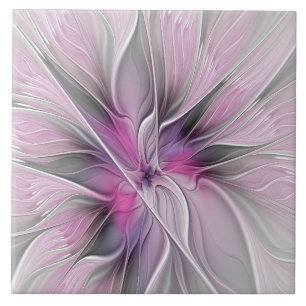 Floral Fractal Modern Abstract Bloemroze grijs Tegeltje