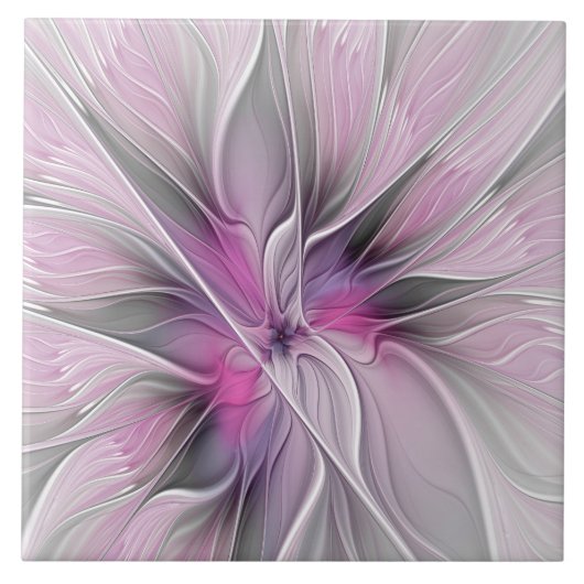 Floral Fractal Modern Abstract Bloemroze grijs Tegeltje (Voorkant)