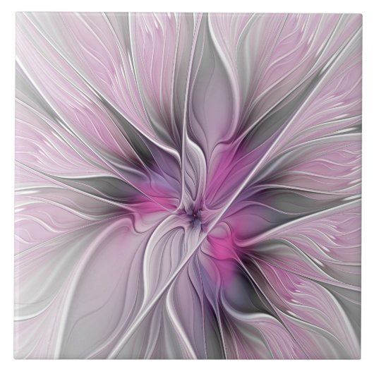 Floral Fractal Modern Abstract Bloemroze grijs Tegeltje (Voorkant)