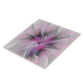 Floral Fractal Modern Abstract Bloemroze grijs Tegeltje (Zijkant)