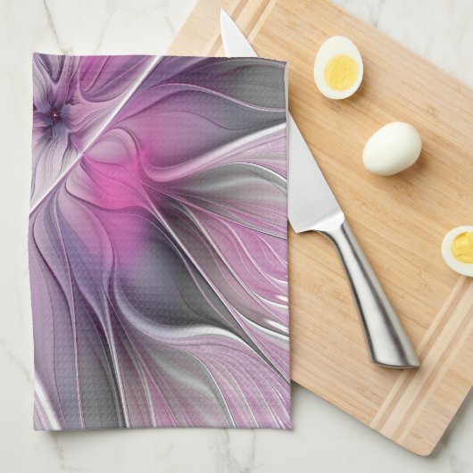 Floral Fractal Modern Abstract Bloemroze grijs Theedoek (Quarter Fold)