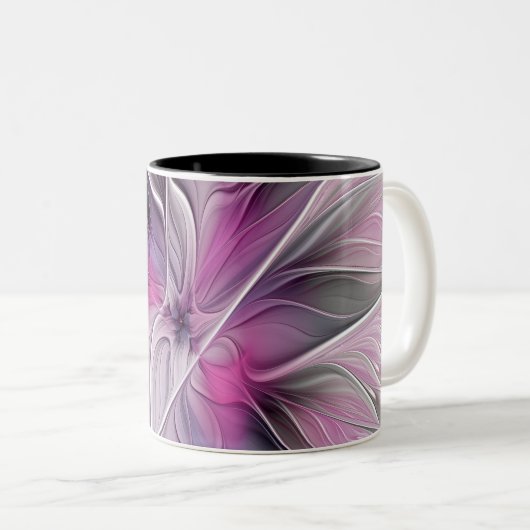 Floral Fractal Modern Abstract Bloemroze grijs Tweekleurige Koffiemok (Voorkant rechts)