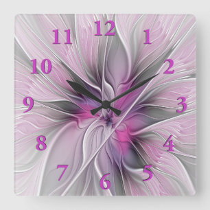 Floral Fractal Modern Abstract Bloemroze grijs Vierkante Klok