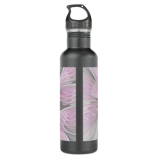 Floral Fractal Modern Abstract Bloemroze grijs Waterfles (Achterkant)