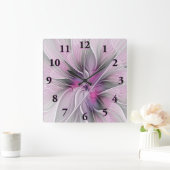Floral Fractal Modern Abstract Flower Pink Gray Vierkante Klok (Huis)