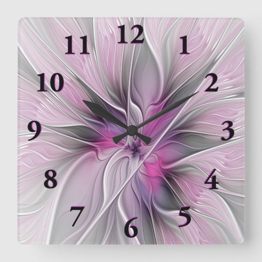 Floral Fractal Modern Abstract Flower Pink Gray Vierkante Klok (Voorkant)