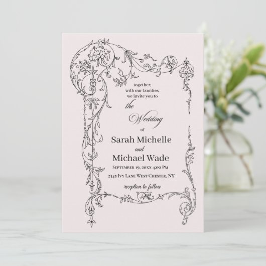 Floral Frame Calligraphy Wedding Invitation Kaart (Staand voorkant)