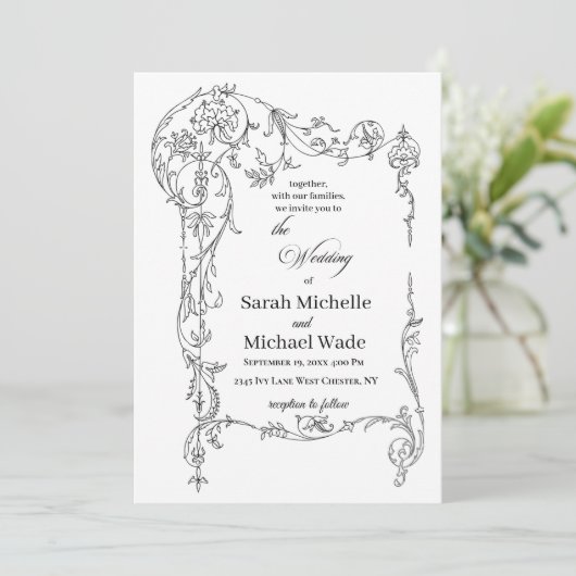 Floral Frame Calligraphy Wedding Invitation Kaart (Staand voorkant)