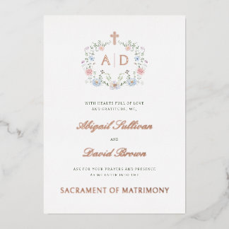 Floral Frame Monograms Catholic Wedding Folie Uitnodiging