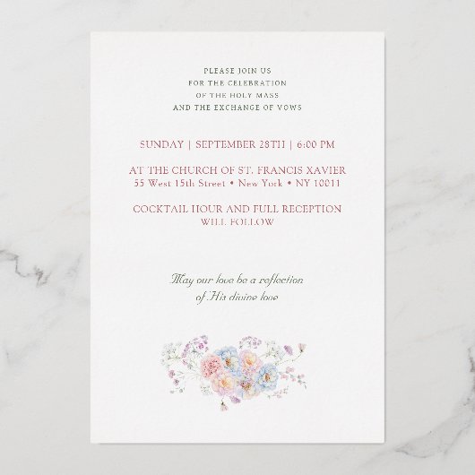 Floral Frame Monograms Catholic Wedding Folie Uitnodiging (Achterkant)