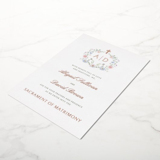 Floral Frame Monograms Catholic Wedding Folie Uitnodiging (Gedraaid)